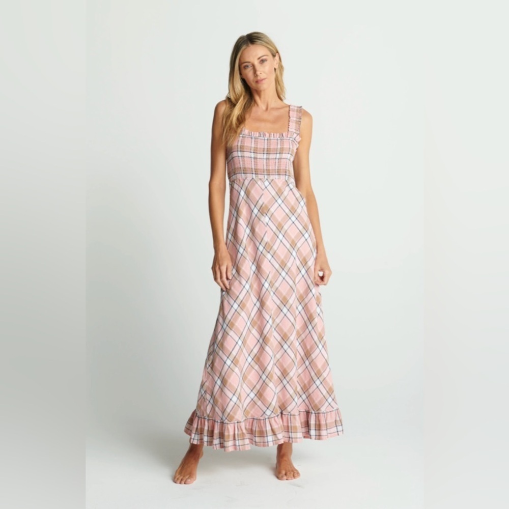 Sundays Beau Smocked Crystal Plaid Ruffle Hem Maxi Dress Cotton Linen Sz Large